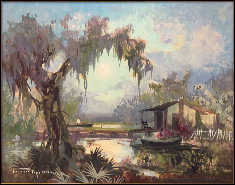 COLETTE POPE HELDNER (AMERICAN 1902-1990) SWAM: COLETTE POPE HELDNER (AMERICAN 1902-1990) SWAMP IDYL (LOUISIANA - BAYOU COUNTRY). Oil on cavnas board, signed lower left; Additionally signed and titled on the reverse; Frame: 20.25" x 24" 16" x 20"