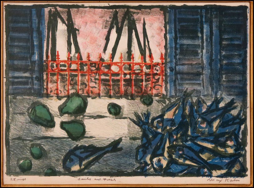 MAX KAHN (AMERICAN, 1902 - 2005) SAILS AND FIS: MAX KAHN (AMERICAN, 1902 - 2005) SAILS AND FISH. Lithograph in colors, numbered 28 LL. Pencil signed LR Sight: 15" x 20.5"
