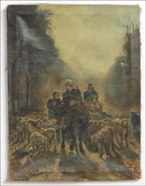 AFTER CONSTANT TROYON (1810-1865) SHEEP HERDIN: AFTER CONSTANT TROYON (1810-1865) SHEEP HERDING TRAVELERS. Oil on canvas, bearing signature and date lower left 'C. Troyon, 1865'; Stamped 'Copy' on the reverse with illegible date; Stretched, but unf