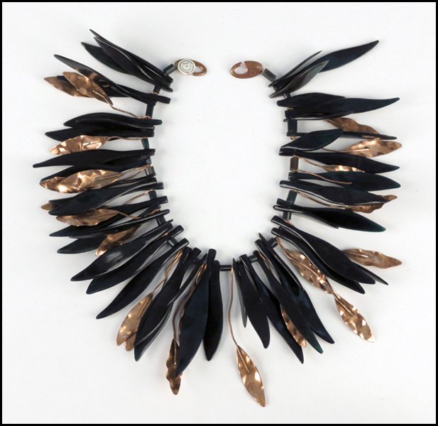 GERDA LYNGGAARD FOR MONIES CARVED HORN AND COPP: GERDA LYNGGAARD FOR MONIES CARVED HORN AND COPPER FRINGE NECKLACE. Clasp is signed "Gerda Lynggaard Monies" and dated 1988 Length: 16"