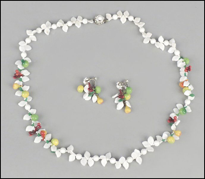MIRIAM HASKELL 'FRUITS' DEMI-PARURE.: MIRIAM HASKELL 'FRUITS' DEMI-PARURE. Comprised of a single strand necklace and pair of screwback earclips Necklace length: 28"