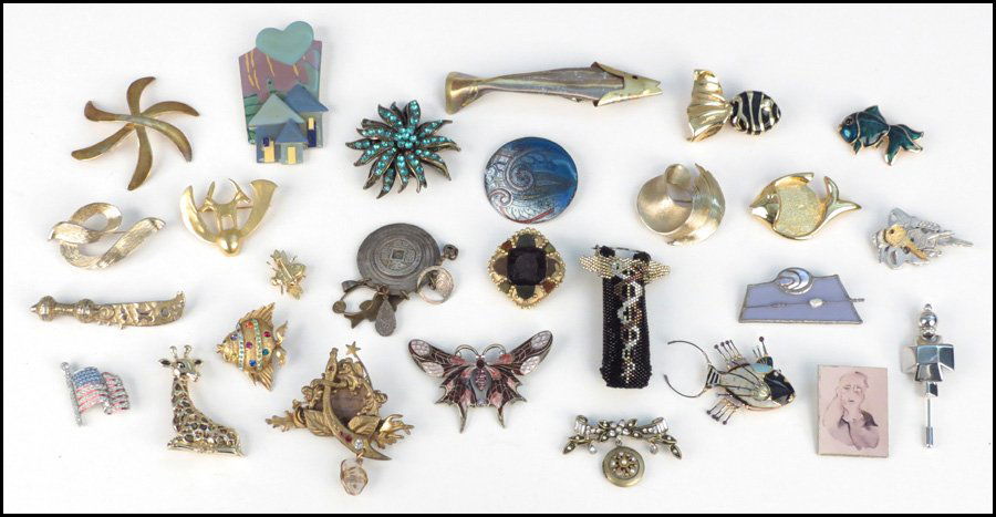 THREE ST. JOHN BROOCHES.: THREE ST. JOHN BROOCHES. Comprised of a giraffe, fish, and bee. Together with a St. John stick pin, and various brooches by Swarovski, Trifari, Monet, Flammarion, and others