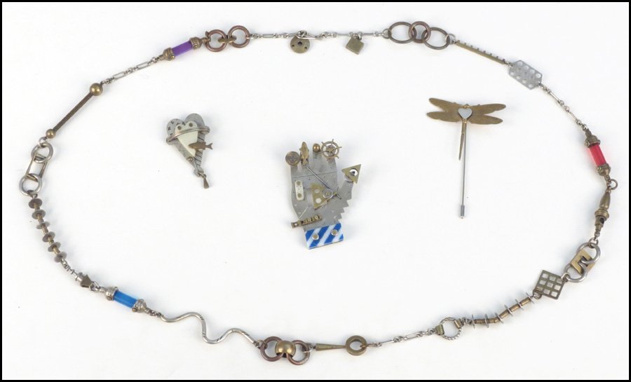 THOMAS MANN LINK NECKLACE.: THOMAS MANN LINK NECKLACE. Together with two Thomas Mann brooches, and a dragonfly stick pin attributed to Thomas Mann