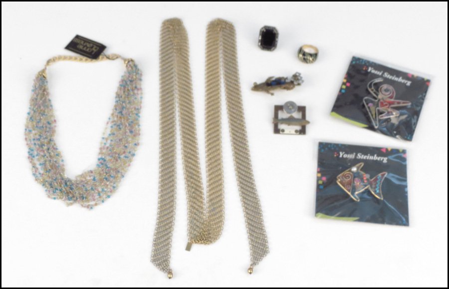 TWO YOSSI STEINBERG BROOCHES.: TWO YOSSI STEINBERG BROOCHES. Together with two unsigned fish brooches attributed to Thomas Mann, an Eve France mesh wrap necklace, a Lonnie Lovness bead necklace, a St. John enamel ring, and a black