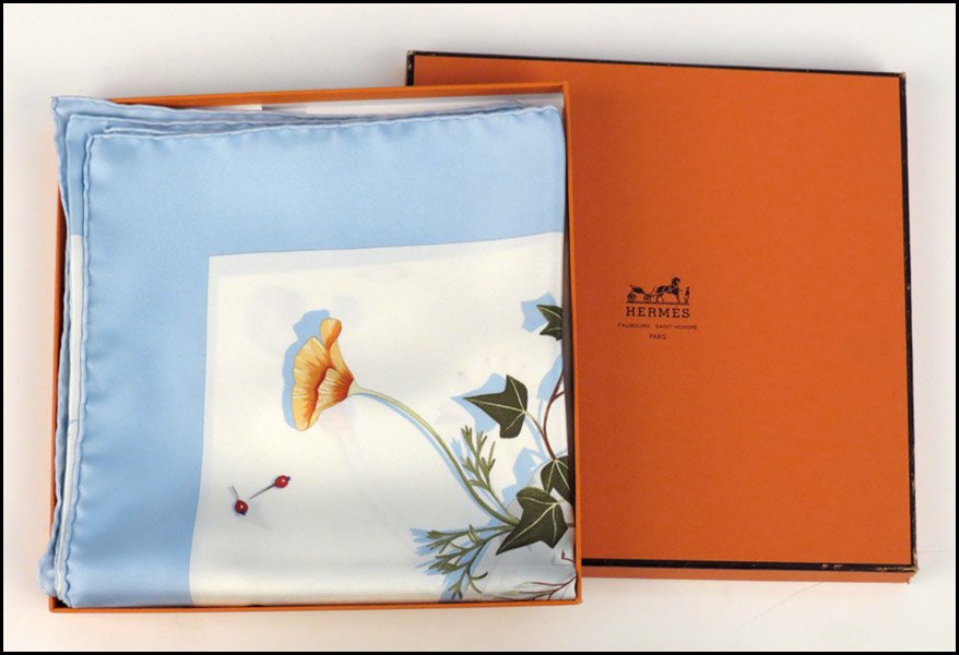 HERMES SILK SCARF.: HERMES SILK SCARF. Des fleurs pour le dire, L.P. Cooke. With Hermes box 35" x 35"