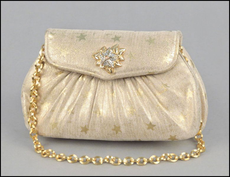 JUDITH LEIBER GOLD STARS CLUTCH HANDBAG.: JUDITH LEIBER GOLD STARS CLUTCH HANDBAG. 8.5" x 5"