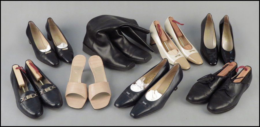 SIX PAIR OF SALVATORE FERRAGAMO SHOES.: SIX PAIR OF SALVATORE FERRAGAMO SHOES. Together with a pair of Salvatore Ferragamo black leather boots, and one pair of Stuart Weitzman heels Size 11