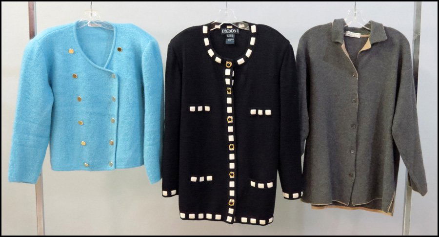 BRUNELLO CUCINELLI GREY CASHMERE KNIT.: BRUNELLO CUCINELLI GREY CASHMERE KNIT. Together with an Escada navy blue wool sweater, and a Franca Emmepi light blue kid mohair and silk blend double breasted knit top Sizes 44 - 46