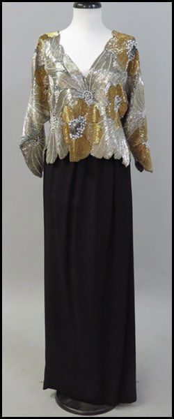 HALSTON BEADED EVENING TOP.: HALSTON BEADED EVENING TOP. Together with a Halston black silk skirt