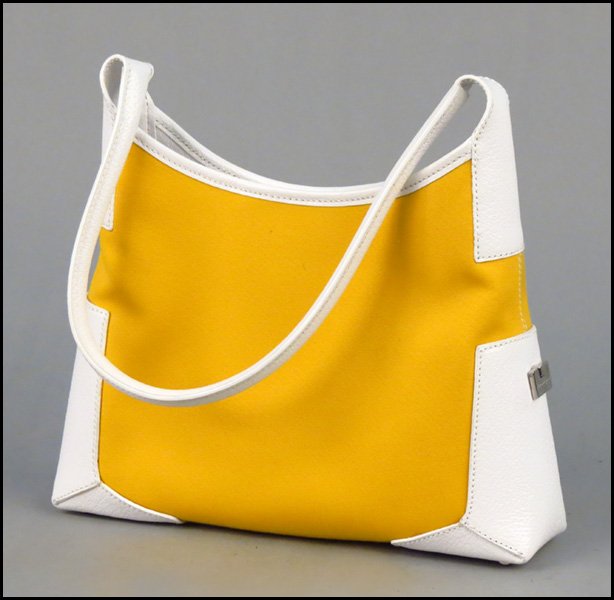 SALVATORE FERRAGAMO CANVAS AND LEATHER HANDBAG.: SALVATORE FERRAGAMO CANVAS AND LEATHER HANDBAG. 7" x 10.5"