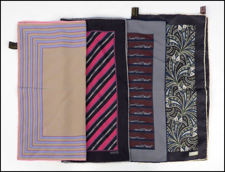 FOUR GUCCI SILK POCKET SQUARES.: FOUR GUCCI SILK POCKET SQUARES. 16" x 16"