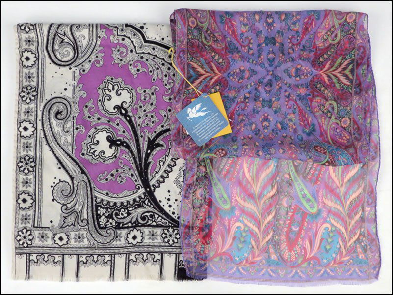 ETRO WOOL AND SILK BLEND SCARF.: ETRO WOOL AND SILK BLEND SCARF. Together with an Etro silk chiffon scarf Blend: 64" x 12"