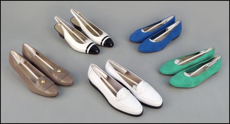 FIVE PAIRS OF SALVATORE FERRAGAMO SHOES.: FIVE PAIRS OF SALVATORE FERRAGAMO SHOES. Never worn, all with boxes Sizes 7 - 7.5