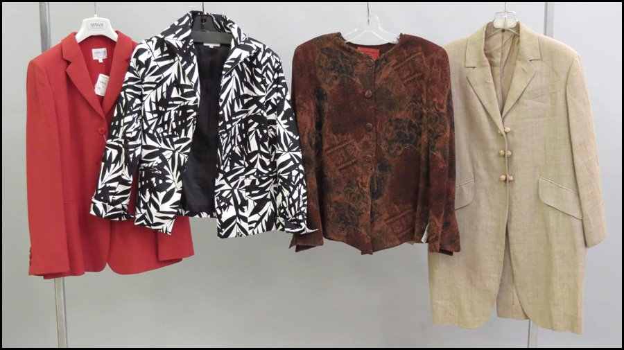 ROMEO GIGLI LINEN BLEND LONG JACKET.: ROMEO GIGLI LINEN BLEND LONG JACKET. Together with an Armani red wool jacket, an Emanuel Ungaro printed crepe jacket, and a Neiman Marcus black and white jacket Sizes 10 - 12