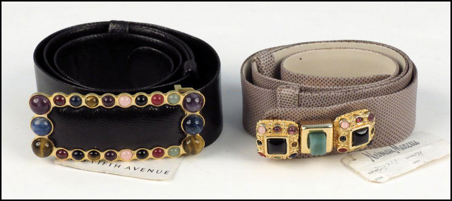 TWO JUDITH LEIBER BLACK REPTILE SKIN BELTS.: TWO JUDITH LEIBER BLACK REPTILE SKIN BELTS.