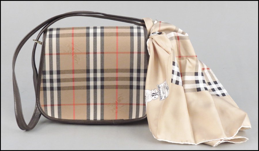 BURBERRY NOVA CHECK CANVAS AND LEATHER HANDBAG.: BURBERRY NOVA CHECK CANVAS AND LEATHER HANDBAG. Together with a Burberry nova check silk scarf Handbag: 8.5" x 10.5"