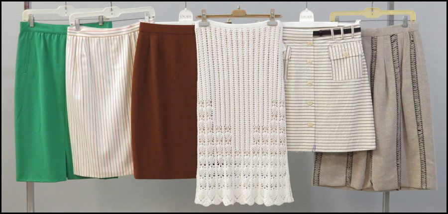GROUP OF SIX SKIRTS.: GROUP OF SIX SKIRTS. Including skirts by Escada, Ungaro, Armani, Cynthia Steffe, and Ricarda Muller Sizes 10 - 12