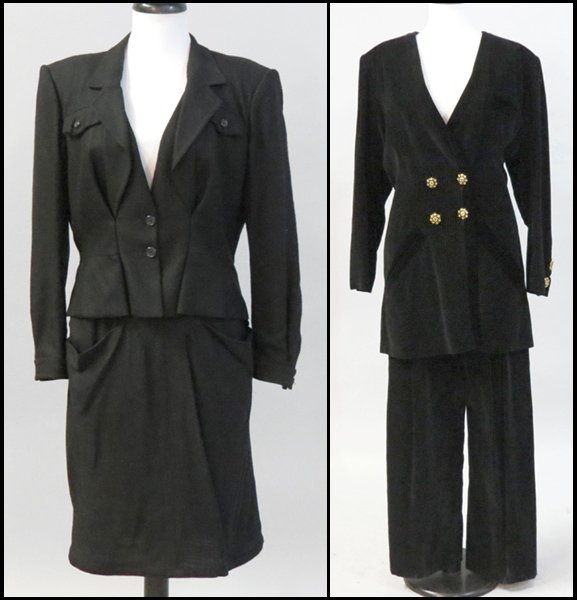 YVES SAINT LAURENT BLACK SKIRT SUIT.: YVES SAINT LAURENT BLACK SKIRT SUIT. Comprised of a skirt and jacket. Together with an Yves Saint Laurent black velvet pant suit Both size 42