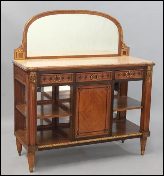 FRENCH ORMOLU MOUNTED MARBLE TOP SIDEBOARD.: FRENCH ORMOLU MOUNTED MARBLE TOP SIDEBOARD. Bearing marquetry inlay, mirrored lower level, and a removeable mirror above H: 60" W: 54" D: 22"