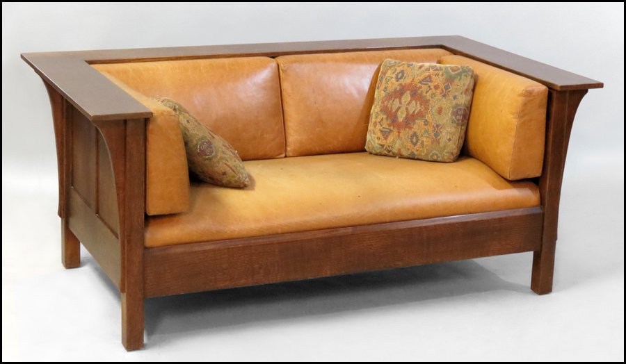 CONTEMPORARY STICKLEY LOVE SEAT SETTLE.: CONTEMPORARY STICKLEY LOVE SEAT SETTLE. Quarter sawn oak, with leather upholstery H: 29" W: 67.5" D: 38"