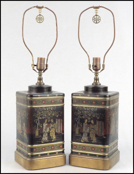 PAIR OF FREDERICK COOPER CHINOISERIE STYLE CA: PAIR OF FREDERICK COOPER CHINOISERIE STYLE CANISTER TABLE LAMPS. Height: 13"