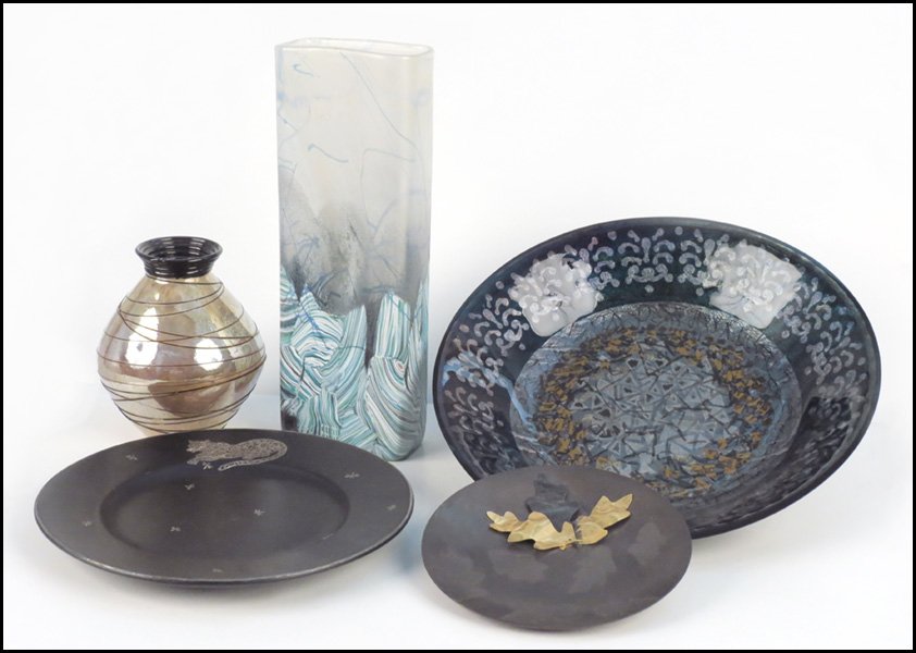 MICHAEL HARRIS FOR ISLE OF WIGHT GLASS VASE.: MICHAEL HARRIS FOR ISLE OF WIGHT GLASS VASE. Together with a Los Castillo ceramic plate (diameter: 11.5"), a mixed metal leaf motif plate, a Craig Studios glass bowl, and an illegibly signed iridescen