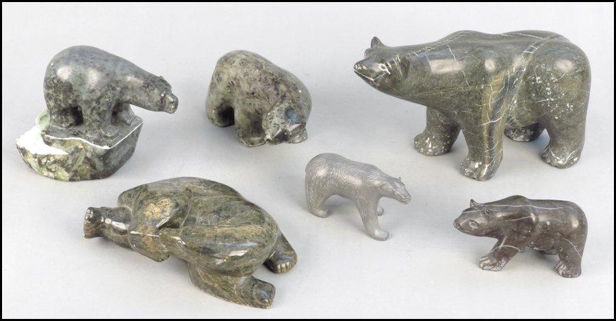 BEN SACLAMANA INUIT CARVED STONE BEAR.: BEN SACLAMANA INUIT CARVED STONE BEAR. Together with five Inuit style carved stone bears