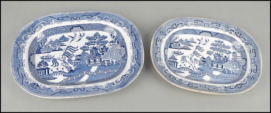 WILLIAM SMITH & COMPANY BLUE WILLOW PORCELAIN: WILLIAM SMITH & COMPANY BLUE WILLOW PORCELAIN PLATTER. Together with a larger English porcelain Blue Willow platter William Smith: 16" x 12.5"