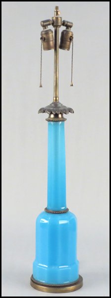 BLUE OPALINE GLASS TABLE LAMP.: BLUE OPALINE GLASS TABLE LAMP. Glass height: 20.5"