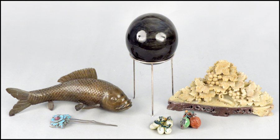 KINGFISHER FEATHER HAIR ORNAMENT.: KINGFISHER FEATHER HAIR ORNAMENT. Together with a bronze fish, a soapstone carving, two ceramic nuts, and an obsidian orb