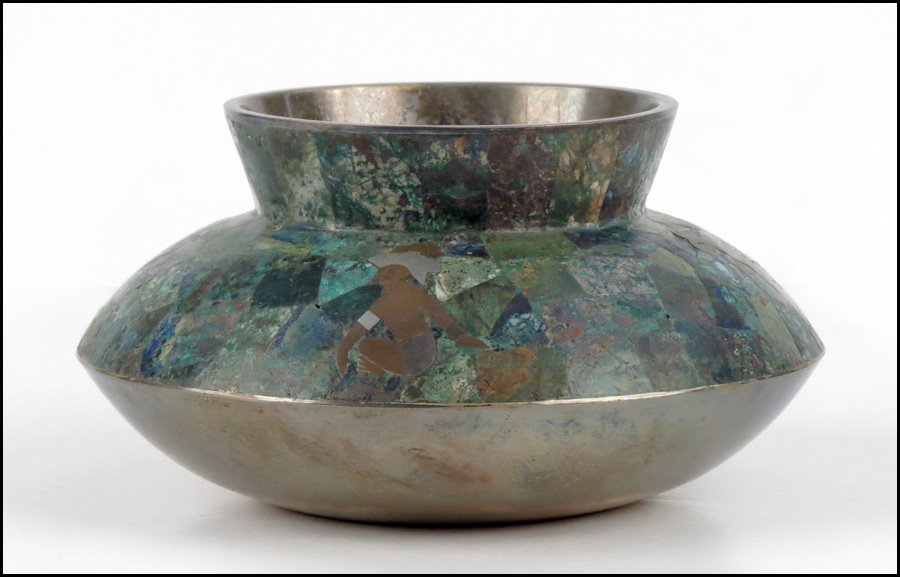 LOS CASTILLOS TURQUOISE AND MIXED METAL BOWL.: LOS CASTILLOS TURQUOISE AND MIXED METAL BOWL. 3.75" x 7"