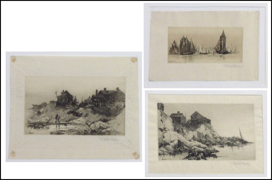 STEPHEN PARRISH (AMERICAN 1846-1938) THREE WOR: STEPHEN PARRISH (AMERICAN 1846-1938) THREE WORKS. Each an etching, signed in pencil lower right and mounted to cardstock; Unframed; (2) 5.50" x 9.4"; 3.50" x 7"