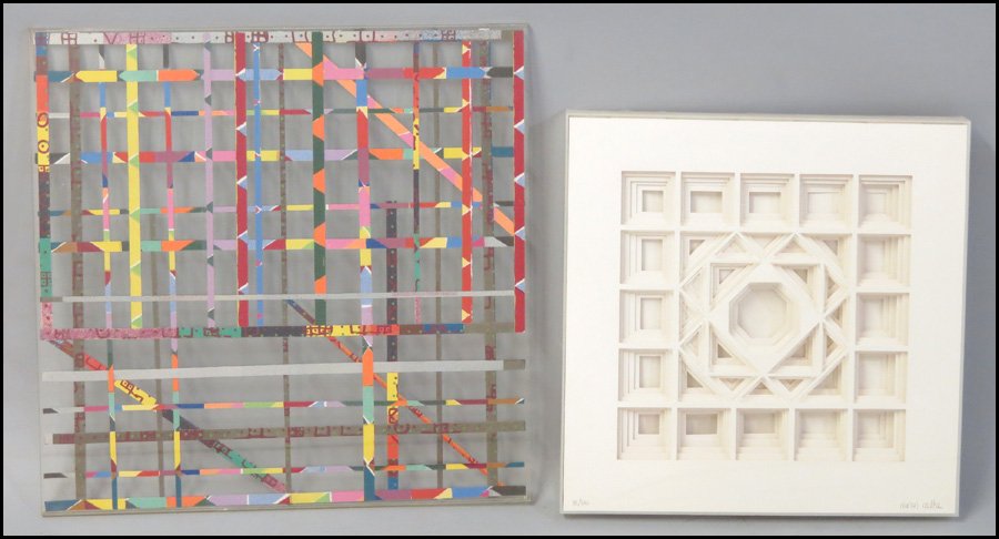 NANCY MILLER (AMERICAN, BORN 1927) UNTITLED.: NANCY MILLER (AMERICAN, BORN 1927) UNTITLED. Layered cut paper, mounted in a shadow box. editon 82/500, pencil signed LR. Together with an artist unknown collage of painted strips of paper mounted bet