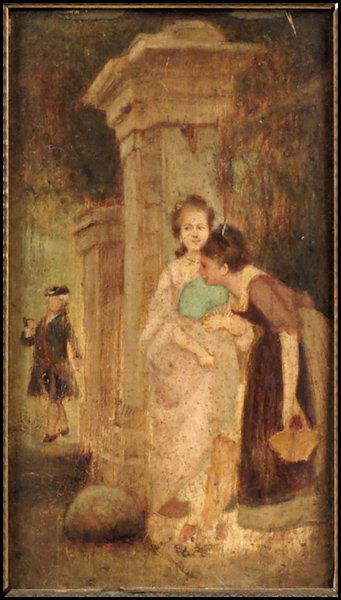 CONTINENTAL SCHOOL (19TH CENTURY) A FORESEEABL: CONTINENTAL SCHOOL (19TH CENTURY) A FORESEEABLE ENCOUNTER. Oil on wood panel, signed illegibly lower middle; Stamped in German on the reverse; Frame: 10.4" x 7.1" 7.75" x 4.4"