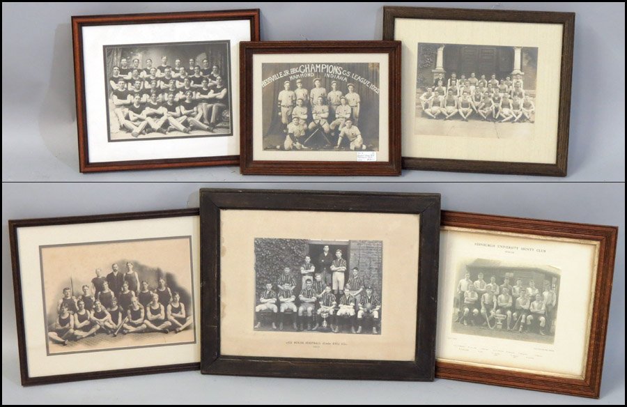 GROUP OF SIX FRAMED VINTAGE SPORTING CLUBS PHO: GROUP OF SIX FRAMED VINTAGE SPORTING CLUBS PHOTOGRAPHIC PRINTS. Assorted sports temas, includes soccer, baseball, shinty and track & field; Various sizes