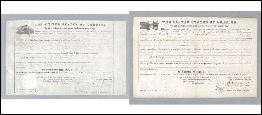 TWO 19TH CENTURY PRESIDENTIAL SIGNED LAND GRAN: TWO 19TH CENTURY PRESIDENTIAL SIGNED LAND GRANTS. One is signed by President Franklin Pierce dated March 1, 1855, while the other is signed by President James Buchanan and dated February 1, 1860