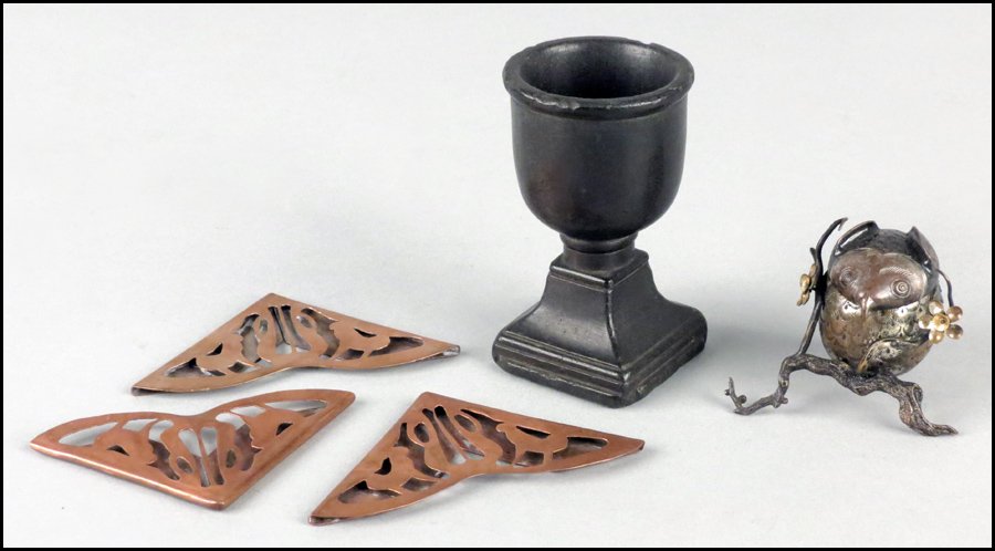 MIXED METAL OWL FORM INKWELL.: MIXED METAL OWL FORM INKWELL. Together with a set of three copper blotter ends, and a black ceramic cup Inkwell: 2" x 3" x 2"
