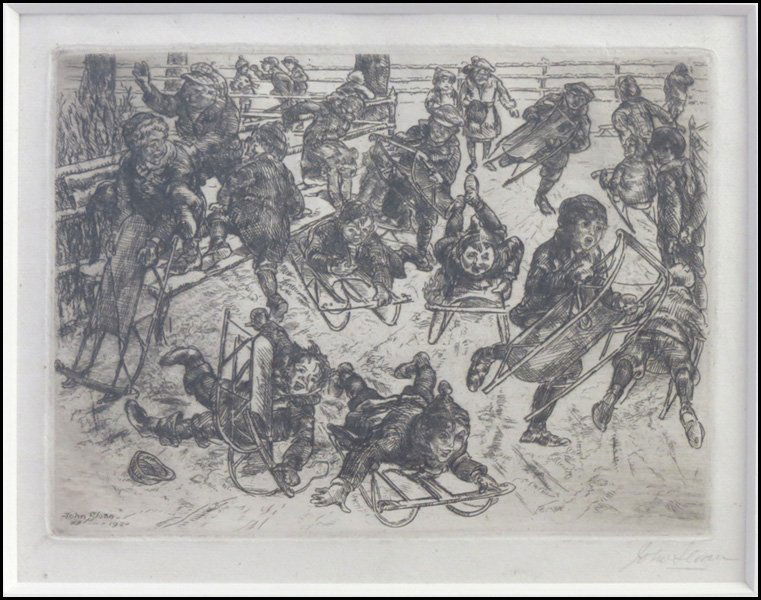 JOHN SLOAN (AMERICAN 1871-1951) BOYS SLEDDING.: JOHN SLOAN (AMERICAN 1871-1951) BOYS SLEDDING. Etching, 1920, on laid paper, signed in pencil lower right; Insbribed in pencil at lower left edge 'Boys Sledding - 100 proofs - JS imp. (old paper)' [M.