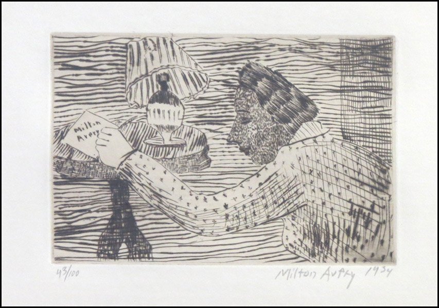 MILTON AVERY (AMERICAN 1885-1965) MY WIFE SALL: MILTON AVERY (AMERICAN 1885-1965) MY WIFE SALLY. Drypoint, 1934, on wove paper, signed, dated and numbered in pencil, lower margin, edtion 43/100 [Lunn 5]; Frame: 18.50" x 22.25" 5.50" x 8.25"