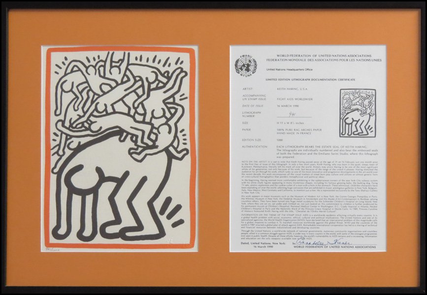 KEITH HARING (AMERICAN, 1958 - 1990) FIGHT AID: KEITH HARING (AMERICAN, 1958 - 1990) FIGHT AIDS WORLDWIDE. Lithograph, edition 941/1000. With World Federation of United Nations Associations certificate, and Keith Haring Estate stamp and certificate