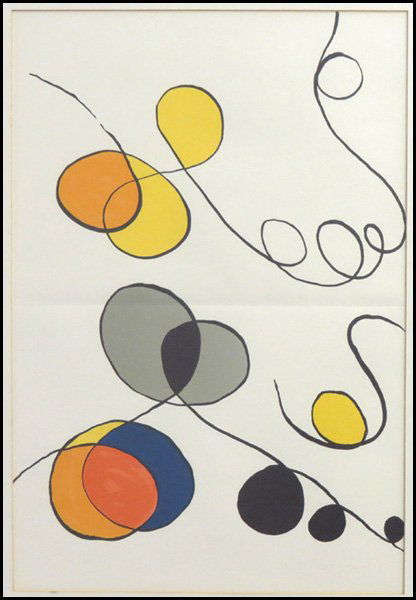 ALEXANDER CALDER (AMERICAN 1898-1976) MERGING: ALEXANDER CALDER (AMERICAN 1898-1976) MERGING CURVES. Color lithograph, 1968, from Derriere le Miroir, with text on the reverse, unsigned; Frame: 27.25" x 20.75" 21.50" x 14.50" (sight)