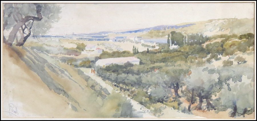 JOSEPH PENNELL (1857-1926) TUSCANY LANDSCAPE.: JOSEPH PENNELL (1857-1926) TUSCANY LANDSCAPE. Watercolor on paper laid on paperboard, signed in pencil lower left; Frame: 17.25" x 27.50" 9.50" x 20"