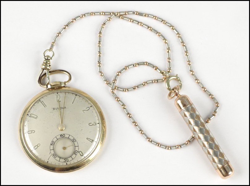 14 KARAT YELLOW GOLD BULOVA OPEN FACE POCKETWA: 14 KARAT YELLOW GOLD BULOVA OPEN FACE POCKETWATCH ON CHAIN.