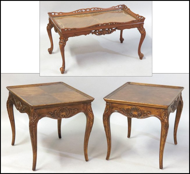 PAIR OF HENREDON WALNUT END TABLES.: PAIR OF HENREDON WALNUT END TABLES. Together with a cocktail table H: 22" W: 28" D: 23"