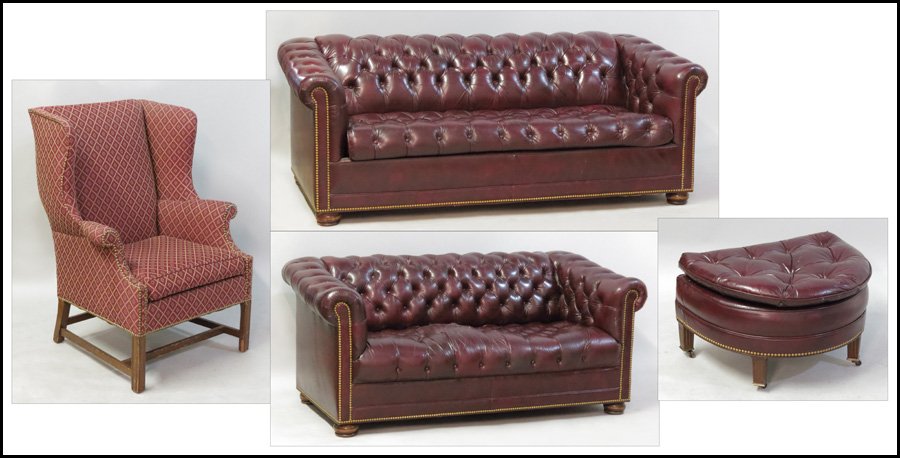HANCOCK AND MOORE LEATHER CHESTERFIELD SLEEPER: HANCOCK AND MOORE LEATHER CHESTERFIELD SLEEPER SOFA. Together with a Hancock and Moore love seat (Length: 65"), an upholstered wingback armchair (Height:43") and an ottoman Length: 78"