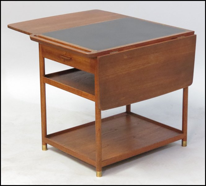 L. PONTOPPIDAN TEAK AND LAMINATE TEA CART.: L. PONTOPPIDAN TEAK AND LAMINATE TEA CART. Kopenhavn, Danmark H: 25" W: 27.5" D: 21"