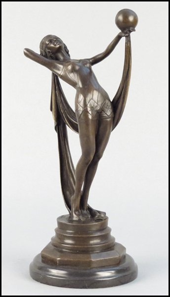 BRONZE FEMALE FIGURE.: BRONZE FEMALE FIGURE. Raised on 1.5 marble base, signed Milo Height: 14.5"