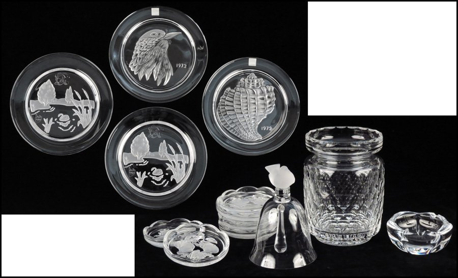TWO LALIQUE COLLECTOR PLATES.: TWO LALIQUE COLLECTOR PLATES. 1972 and 1973. Together with two Daum collector plates (both 1981), a Lalique bell, six Val St. Lambert crystal dishes, one Daum crystal ashtray, and a crystal biscuit ba