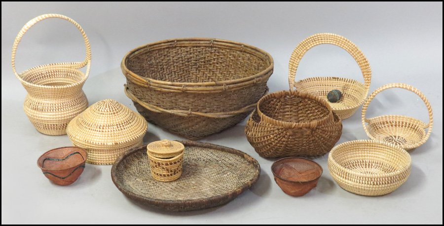 SIX AMERICAN SWEETGRASS BASKETS.: SIX AMERICAN SWEETGRASS BASKETS. Together with three wicker baskets, two metal wire baskets, and one metal wire and bead egg