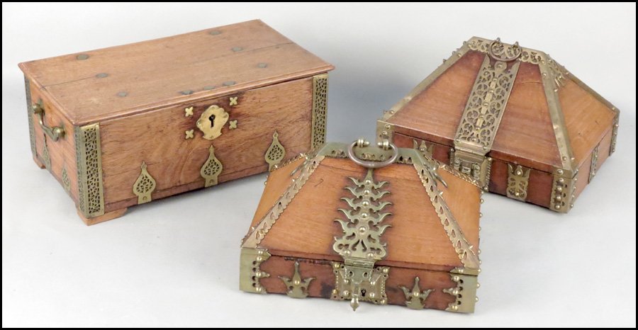 WOOD AND METAL INLAID JEWELRY BOX.: WOOD AND METAL INLAID JEWELRY BOX. Together with two metal decorated wood boxes H: 7.5" W: 19" D: 10.5"